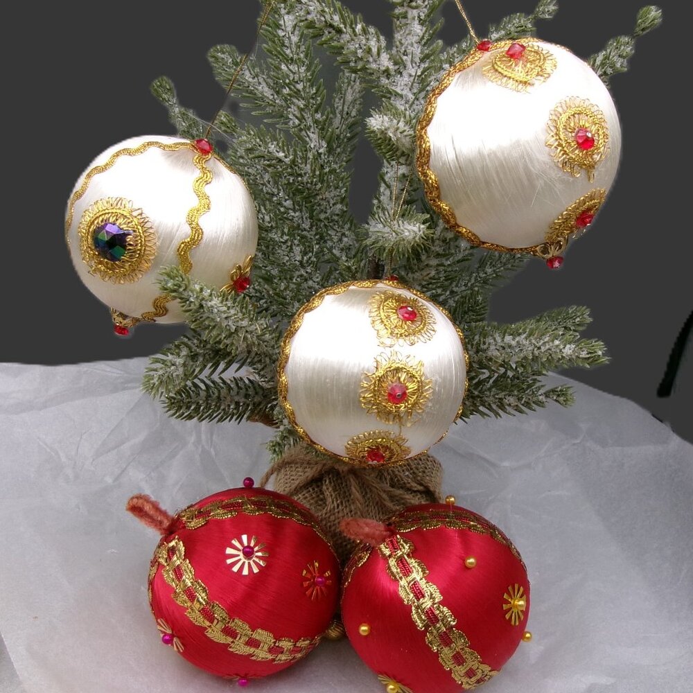 5 Red White Push Pin Christmas Ornaments, Satin Beaded Sequins, Vintage Handmade